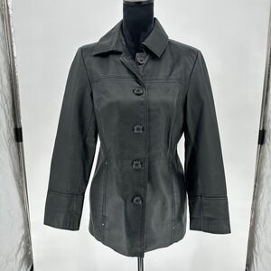 East‎ 5th Black 100% Leather Button Up Jacket Coat Fall Winter Chic M Petite